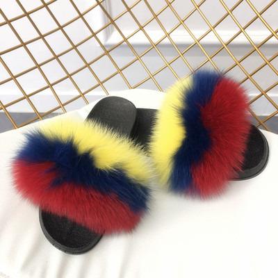 China Real Fur Cushioning Slips Fox Fur Slippers Designer Women Home Fur Slides for sale