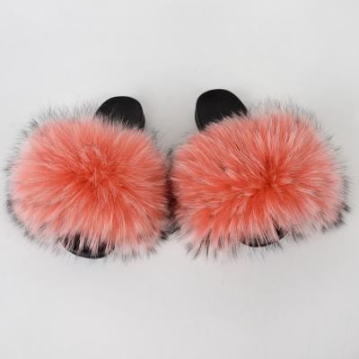 China 2021wholesale summer women big fur slides full open toe raccoon cushioning slippers for sale