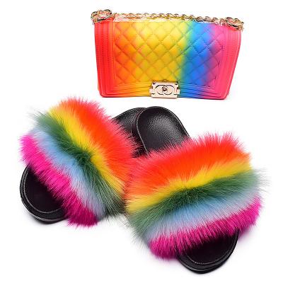 China Damping 2021 real large fluffy women's fox fur slippers and bags wholesale for sale