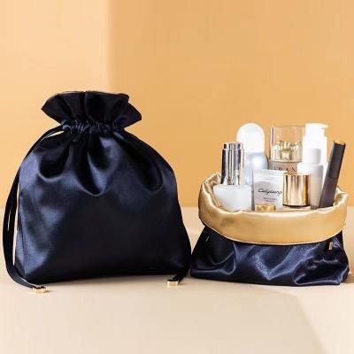 China Custom Luxury Silk Promotion Cosmetics Double Layer Satin Pouch Bag Large Drawstring Bag Luxury Silk Gift Bags With Ribbon for sale