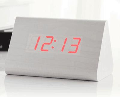 China China supplier wholesale small triangle time digital led wooden alarm clock with date and temprature for sale