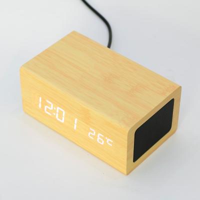 China New Design High Quality Digital Time Temperature LED Alarm Wooden Clock With USB Speaker Charging Home for sale