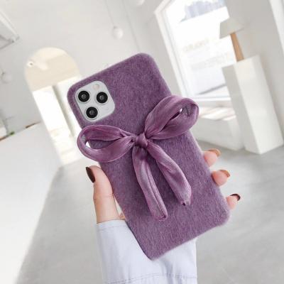 China Corner Four Protect Mink Velvet Three Dimensional Bowknot Shockproof Purple Plush Scarf Silk Phone Case For Iphone 11 for sale