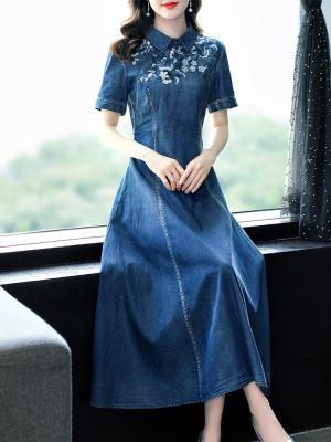 China 2023 New Women's Breathable Mid-calf Long Sleeve Denim Short Summer Dresses M-3XL Chinese Style Embroidery Cheongsam for sale