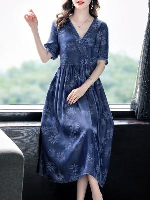 China 2023 New Women's Breathable Mid-calf Long Sleeve Denim Short Summer Dresses M-XL V-neck Printing Vintage for sale