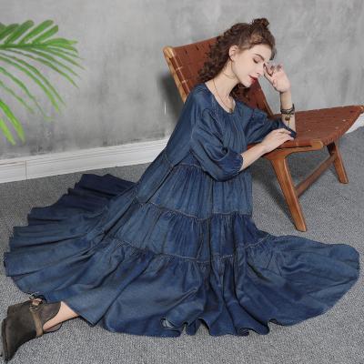 China 2023 New Vintage Women's Breathable Half Calf Long Sleeve Autumn Spring Loose Dresses S-XL Half O-Neck Lace Up Denim for sale