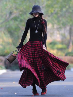 China 2023 New Fashion New Fashion Women's Long Maxi Size Elastic Cotton A-line Breathable Plaid Skirts Autumn And Winter S-2XL for sale