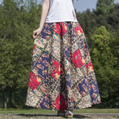 China 2023 new fashion new fashion breathable long high waist women's long maxi high elastic cotton and linen print skirts big edge skirts for sale