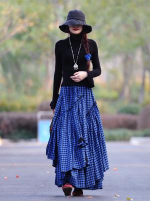 China 2023 Autumn Winter New Fashion Long Maxi Waist Women Cotton Elastic One Line Big Edge Breathable Plaid Skirts S-2XL for sale