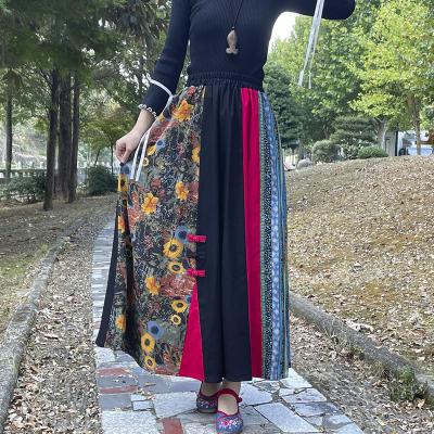 China 2022 New Autumn Spring Cotton And Linen Vintage Printing Patchwork Breathable A-Line Elastic Skirt Long Waist Women Maxi for sale