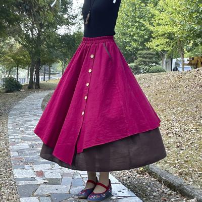 China 2022 new fashion new fashion women's long maxi high waist elastic cotton a-line breathable and canvas button edges large brim for sale