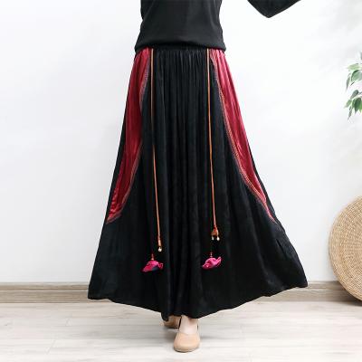 China 2022 New Vintage Long Maxi Elastic High Waist Women Breathable Poplin Skirt National A Line Black for sale