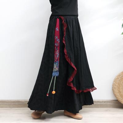 China 2022 New Cotton National Long Maxi Elastic High Waist Women Skirt Breathable Embroidery Summer Linen Black Line for sale