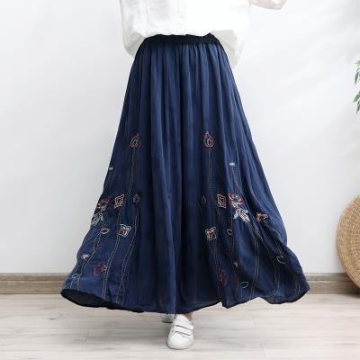 China 2022 New Long Maxi Elastic High Waist Women Cotton Skirt Summer Breathable Embroidery Linen A Line Casual Cotton Blue for sale