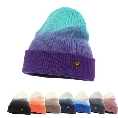 China JOINT Logo Hat Woman Acrylic Gradient Color Warm Metal Knitting Beanie Hats Knitted Hat for sale