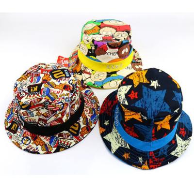 China Custom Funny Character Sun Hat Kids Graffiti Cartoons Full Print Cotton 3-8 Ages Boy and Girl Kids Bucket Hat for sale