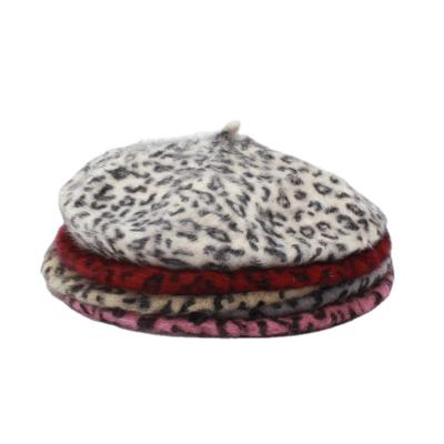 China Professional Design Dobby Leopard Print Rabbit Fur Women Winter Beret Warm Cute Hat for sale