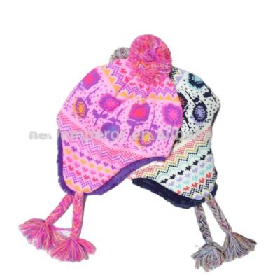 China JOINT Products Adults Promotion Discount Earflap Knitted Pattern Acrylic Peruvian Winter Knit Hat With Braid for sale