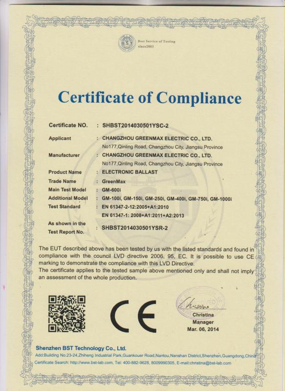 CE Certificate - Changzhou Greenmax Co.,Ltd