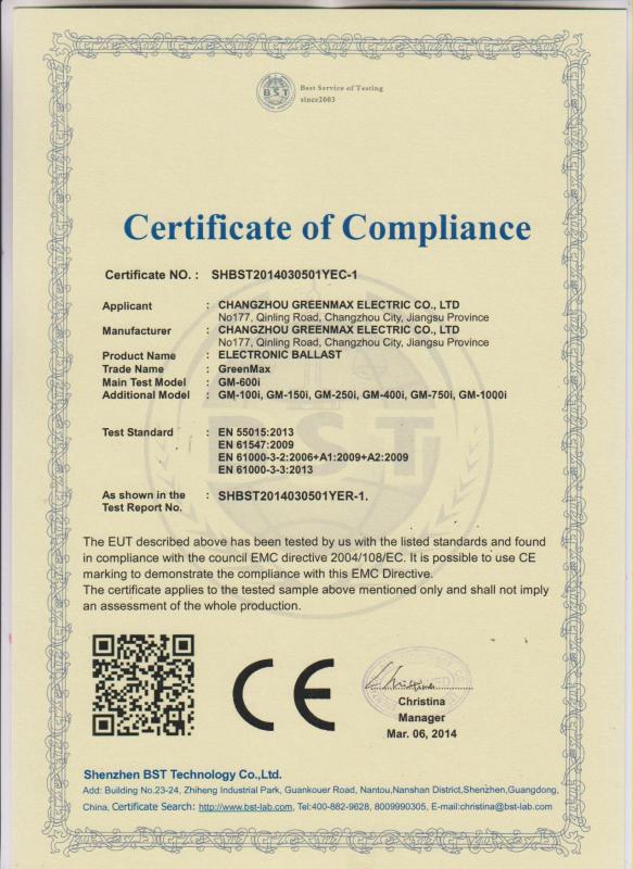 CE Certificate - Changzhou Greenmax Co.,Ltd