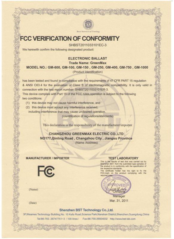 FCC Certificate - Changzhou Greenmax Co.,Ltd