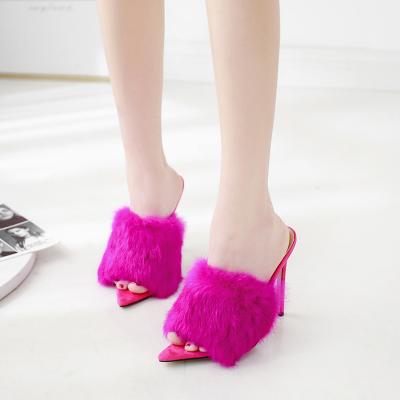 China CUSHIONING 2021 New Design Fancy Rhinestone Heeled Fur Sandals For Ladies Slip On Chunky Fur Heels Square Toe Women High Heel Shoes for sale