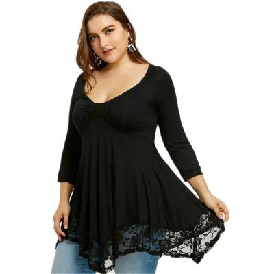 China Black Anti-Static Solid Colors Plus Size Over Size Women's Casual Dress Design T-Shirt With Lace for sale