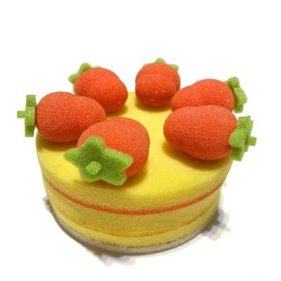 China EXFOLIATING New Arrival Cute Strawberry Cake Shape Bath Sponge Customize Shape Food Shape Sponge With Soft Polyester Kids Shower Sponge for sale