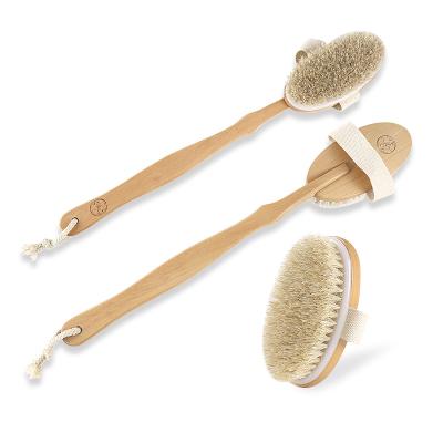 China Long Handle Hemu Bathing Brush Dry Skin Body Brush Removable Natural Bristle Exfoliating Body Bath Brush for sale