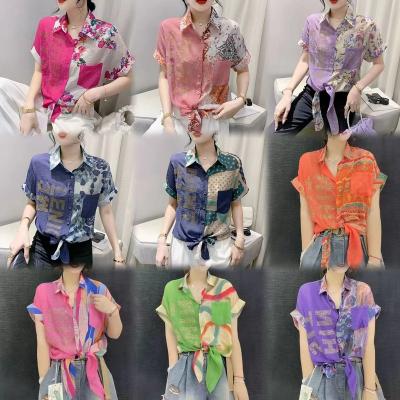 China Anti-pilling Europe 2024 new gradual change loose short-sleeved shirt female summer splicing hot drill fried color knotted blouse wholesale for sale