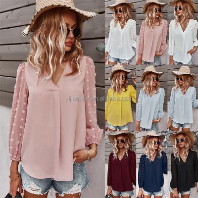 China Anti-pilling 2024 Europe and the United States foreign trade women's V-neck chiffon splicing hairball long sleeve chiffon for sale