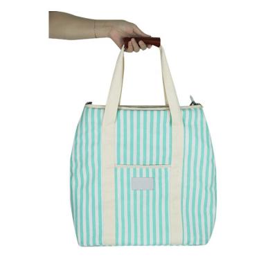 China Waterproof Custom Logo Portable Insulated Beach Cooler Bag Striped Large Capacity Tote Bag for sale