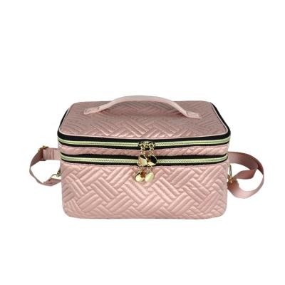 China Portable Double Layer Fashion Peach Multifunction Skin Velvet Three-Dimensional Cosmetic Bag for sale