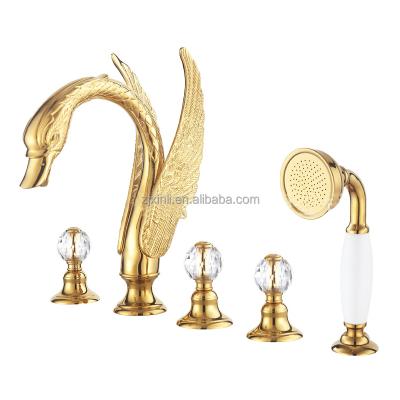 China X9612T Gold Color Triple Handle Sliding Bar Brass Material Deck Mounted Swan Luxury Artistic Bathtub Faucet for sale