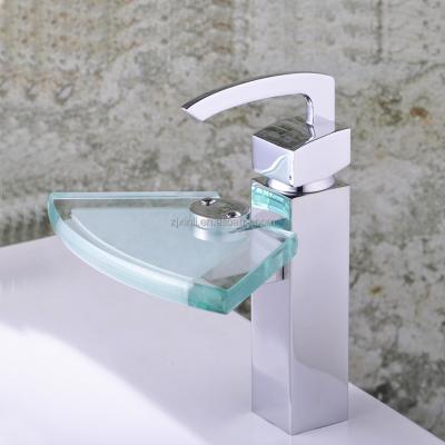 China X8326B Brass Body Self Metered Chrome Finish Glass Deck Mounted Waterfall Luxury Waterfall Glass Basin Faucet Hot And Cold Water for sale