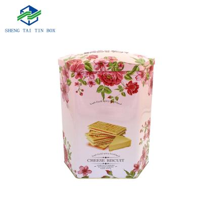 China Eco-friendly 800g Big Cookie Tin Can Hexagon Cookie Packaging Tin Can Big Cookie Storage Tins for sale