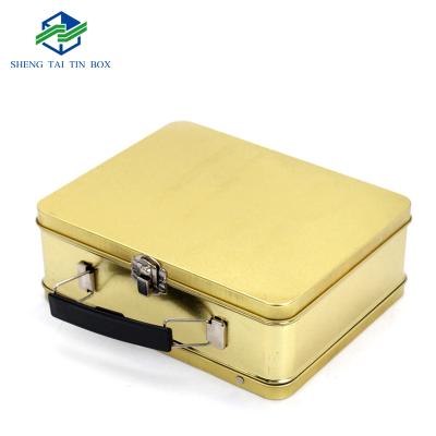 China Recyclable Golden Metal Tin Lunch Box With Handle Packaging Cans Metal for sale