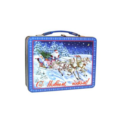 China Recyclable Tin Box Custom Christmas Lunch Box Embossed Lunch Box Tin With Lock And Handle for sale