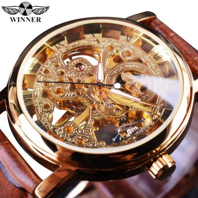 China Luxury Casual Men's Brown Leather Strap Men's Top Luxury Transparent Gold Case Moon Phase Brand Design Mechanical Skeleton Watches for sale