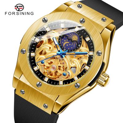 China Brand New Popular Skeleton Rubber Phase Moon Phase Tourbillon Watch OEM Moon Phase Forsining Design Automatic Mechanical Watches For Men for sale