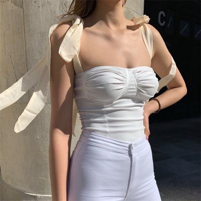 China Summer Viable Women's Bow Strap Vest Women Party Bandage Basic Sleeveless Crop Top Solid Color Tank Tops Womens Tops for sale