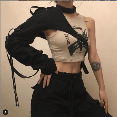 China 2021 Viable New Sale Crop Halter One Shoulder Button Neck Buckle Clothing Drawstring Long Tops Short Vest Women's T-shirts for sale