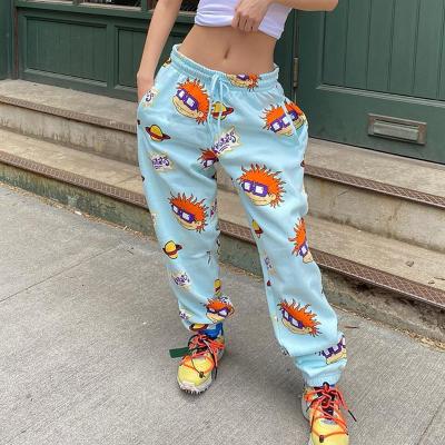 China 2021 Breathable New Fashion Cartoon Pattern Printed High Waist Loose Long Pants Women Dance Streetwear Casual Home Sweatpants for sale