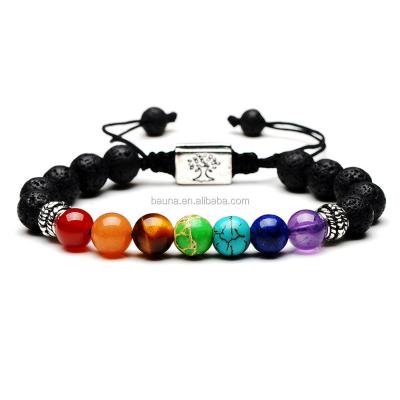 China Hiphop 7 Chakra Yoga Bracelet 8mm Lava Rock Braided Rope Healing Natural Stone Bracelet for sale