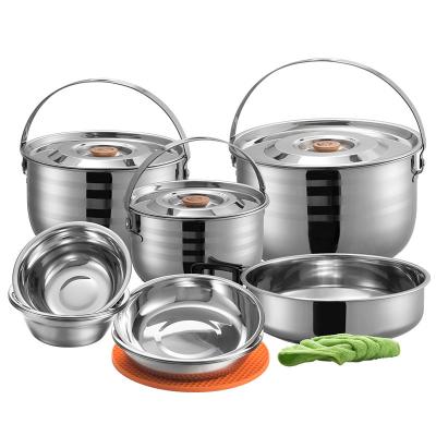 China Stainless Steel Multi Functional Cookware Multi Function Cookware Tool Fuction Pot Pan 8 Person Picnic Set Portable Outdoor Camping Rise Pot for sale