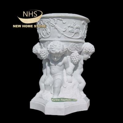 China Western Hand Carving Angel Sculpture Natural Stone Outdoor Flowerpot for sale