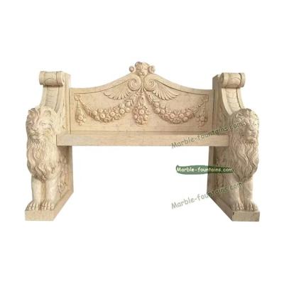 China Patio Bench Natural Marble Hand Carving Lion Sculpture Stone Garden Bench for sale