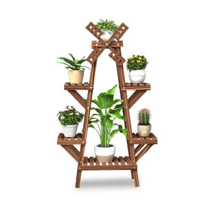 China Wholesale Modern Style Cheap Multi Layer Windmill K&B Flower Plants Pot Rack Solid Wooden Planting Shelves For Garden for sale