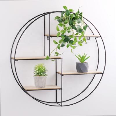 China Hot New Fashionable Black Iron Frame Stocked Wooden MDF Flower Plant Pot Wall Mounted Rack for sale