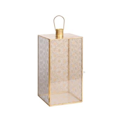 China K&B Luxurious Metal Candle Lantern Flower Pattern Metal Frame Decorative Glass Stocked Lantern for sale